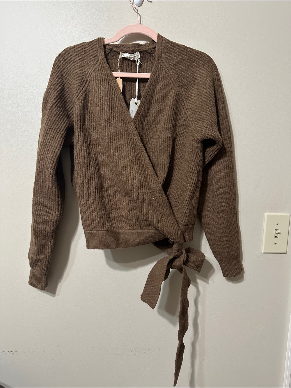 By Together Wrap Tie-Front Brown Women's Ribbed Sweater
